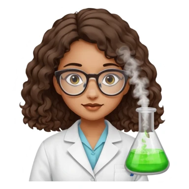 bratz doll with long loose curly dark brown hair, that reaches her lower back glasses that are round cat eye vibes, in a lab coat mixing beakers that glow shes a 4th grade girl sticker