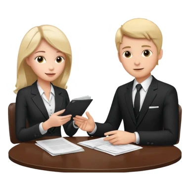 man in formal suit talking to woman in formal suit, they sit, papers in hands on the table sticker