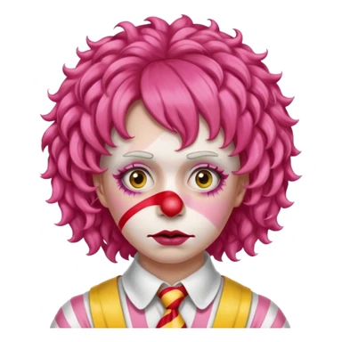 Pink curly wig.

White face paint with red nose and makeup.

Wearing a red-and-yellow striped costume with a white collar.

Wide-eyed, sad expression. sticker