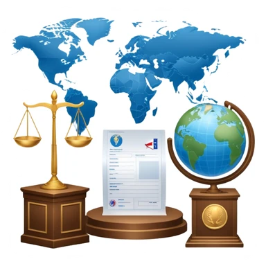 An icon featuring a podium with a speaker, a ballot box with a voting slip, and a globe, symbolizing political science. The design includes scales of justice and a world map in the background, representing governance and global politics. Transparent background highlights political analysis. sticker