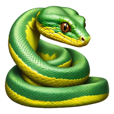 cinematic-green tree python-realistic-full-body-coiled-emoji,-thick-scaled-body-looped-tightly,-intricate-brown-and-gold-patterned-scales-reflecting-light,-head-tilted-dramatically,-slitted-eyes-staring-calmly,-simplified-yet-realistic-focused-feature sticker