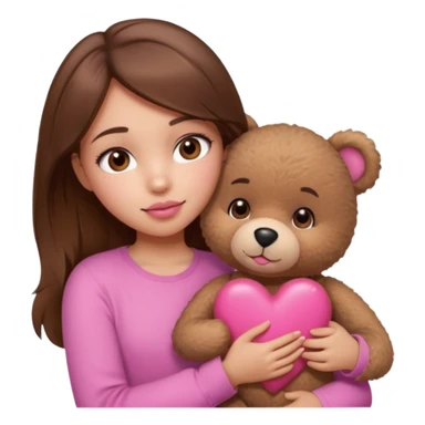 girl with long wavy brown hair, brown eyes, light to medium complexion, in a pink shirt, pink lips, long lashes, hugging squeezing  a teddy bear with hearts sticker