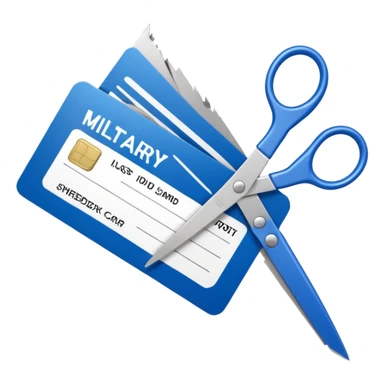 Scissors cutting military ID card sticker