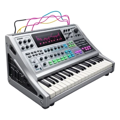 Create a professional and detailed emoji that represents sound design. The design should feature a high-end studio synthesizer, specifically a Korg synthesizer, with a mixing console and control panel, all connected with audio cables. Surround the equipment with flowing sound waves or musical notes to symbolize the creation and manipulation of sound. Use colors like metallic silver, black, and neon accents to emphasize the technical, creative nature of sound design. The background should be transparent. sticker