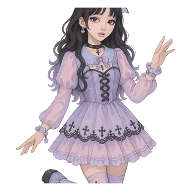 gothic K-pop girl, dreamy pastel goth style, soft colors with gothic details, whimsical pose, cute accessories sticker