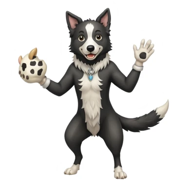 A black and white border collie werewolf, standing on her hind legs, holding a cow's hoof. sticker