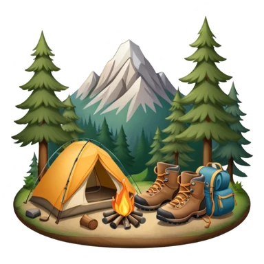 Icon for Hiking: a pair of hiking boots, a backpack, a walking stick, a tent, and a kettle over a campfire, surrounded by trees and a mountain trail. The icon should capture the adventure and warmth of camping. Transparent background. sticker