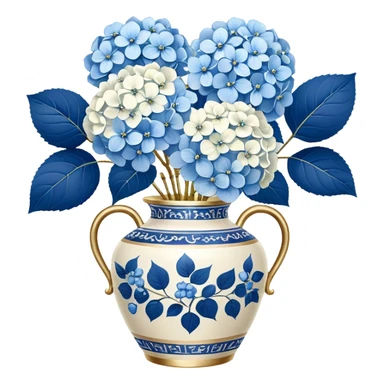 Blue and white floral  chinoiserie vase white gold handle, with white hydrangeas stem and blue hydrangeas stems sticker