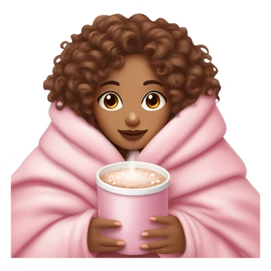 Light skin girl  with brown curly hair under our pink blanket,make her look like a young  make it so you can see the curly hairsipping hot cocoa with marshmallows, cuddled around the blanket, long curly hair, long, medium lashes sticker