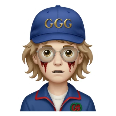 Faça um menino pálido, parecendo um Zumbi, faça esse menino com o cabelo ondulado e meio loiro, faça ele usando um boné escrito Gucci, com uma fonte pequena, e faça umas artes de Gg  sticker