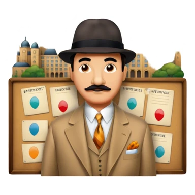 Icon for Detective Movies: A colorful collage with Hercule Poirot and mysterious city backdrop. Include a board with photos of suspects, clues like fingerprints and a crime scene. Retro movie poster style. Transparent background. sticker