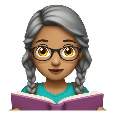 girl reading book, black eyes, Hispanic, grayish hair, wearing classes  sticker