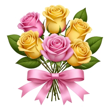 A bouquet of flowers, composed of pink and yellow roses, four blooms in total, tied with ribbon. sticker