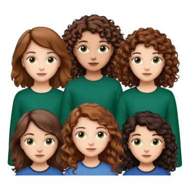 first girl with light brown hair and brown eyes, second girl with light brown hair and green eyes,third girl with brown and curly hair and brown eyes, fourth girl with dark brown hair and brown eyes, fifth girl with black hair and brown eyes,sixth girl with brown hair and brown eyes  sticker