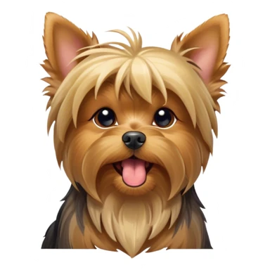 Cinematic Cute Yawning Yorkshire Terrier Portrait Emoji, Head tilted with a playful, drowsy expression and droopy, adorable eyes, featuring a soft, well-groomed fur in rich hues, simplified yet irresistibly endearing, highly detailed, glowing with a warm, cozy radiance, high shine, exuding a relaxed yet spunky charm, styled with a gentle, soft glowing outline, capturing the essence of a Yorkshire Terrier mid-yawn that seems as if it could cuddle right off the screen! sticker