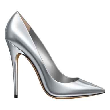 A pair of high heel shoes emoji made of polished silver chrome, elegant sharp silhouette, smooth metallic surface, glossy reflections, luxury sexy vibe, minimalistic iOS emoji style, centered, clean white background sticker