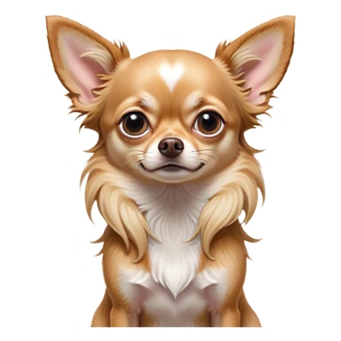 Cinematic Meme-Worthy Grumpy Long Haired Fawn Chihuahua Portrait Emoji, Head held high but eyes filled with dramatic disappointment, smooth long fawn hair cascading elegantly, deeply furrowed brow forming an unmistakable scowl, floppy ears slightly angled back in disapproval, piercing dark eyes glaring with pure exasperation, Simplified yet hilariously over-exaggerated features, highly detailed, glowing with an aura of supreme annoyance, high shine, exhausted yet judgmental, stylized with an almost regal pettiness, bright but brooding, soft glowing outline, capturing the essence of a companion that has seen it all and is thoroughly unimpressed, so meme-worthy it feels like it could instantly become the next viral sensation of grumpiness! sticker
