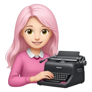 smiling white long brunette hair girl with hazel eyes wearing pink typing on a typewriter sticker