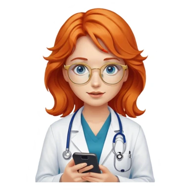 Girl doctor wavy orange red hair blue eyes in gold glasses and phone  sticker