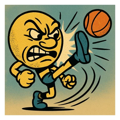 cartoonish mean face doing a dramatic high kick to a ball, exaggerated features, action lines, comic book style sticker