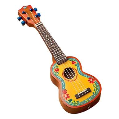 Create a vibrant and artistic emoji representing a ukulele with a Mexican design. The ukulele should feature a bright, colorful body with traditional Mexican patterns, such as geometric shapes, floral motifs, or colorful stripes. Use rich, warm tones like red, yellow, green, and blue to give the instrument a lively, festive look. Highlight the wood grain of the ukulele’s neck and fingerboard, and add subtle details like decorative inlays or a small Mexican flag symbol on the body. The strings should be clearly visible, and the instrument should be in a slightly angled position to showcase its unique design. The background should be transparent. sticker
