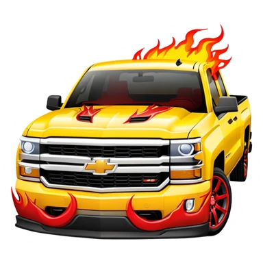 Bright yellow Chevrolet Silverado with red flame artwork exclusively on the front bumper, clean hood, exactly as in Kill Bill, 30-degree angle showcasing bumper detail, iOS emoji style sticker