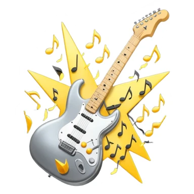 A 3D Apple-style emoji of a bold “ROCK” text written in shiny metallic letters, with an electric guitar leaning on the text, surrounded by small music notes and lightning bolts, energetic and powerful rock music vibe sticker