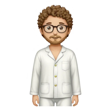 A young man with short curly brown hair, round glasses, light beard, and a comfortable full-body pajama. sticker