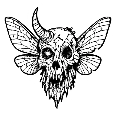 detailed red line art of nightmarish minotaur-stoat hybrid skull with fractured horn and sinister glowing eye, detailed deteriorating moth wings, extensive weathering with deliberately missing pieces, scratched surfaces, and worn edges, twisted asymmetrical features, complex textures, some hollow/transparent sections, 100% red horror imagery sticker