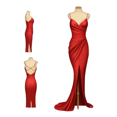 Red satin evening gown with spaghetti straps, a V-neck, ruched waist, and a high side slit. Designed as a standalone item, without a mannequin or person, similar to the tuxedo emoji style. sticker