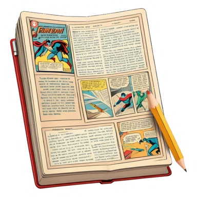 Create a detailed emoji representing the process of writing texts for comic books. The design should feature a large, open comic book with vintage comic strips visible on its pages. A pencil should be shown writing text on one of the comic panels, but without a hand. The pencil should appear as though it is actively creating the dialogue or narration. Use a classic color palette with muted tones for the comic book and brighter accents on the pencil to draw attention to the writing process. Do not include any emojis or smiley faces. Make the background transparent. sticker