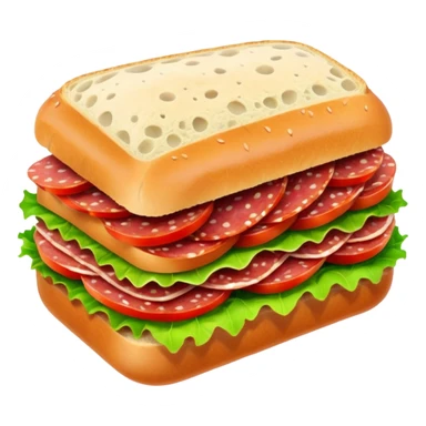 salami sandwich with crusty bread, layers of salami, lettuce, tomato sticker