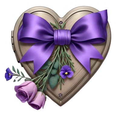 A midnight purple silk bow wraps around a bundle of wilted lavender sprigs, velvety pansies, and blush-violet roses, resting on an aged wooden table. Nearby, an antique silver locket shaped like a heart, engraved with tiny celestial stars, glistens faintly under the dim candlelight. sticker