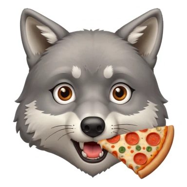 a sitting surprised grey wolf eating a piece of pizza emoji sticker