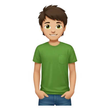 A 14 yerar old teenage boy, slightly tanned, wearing a green t-shirt , blue jeans and green sneakers with dark brown tousled hair, smirking sticker