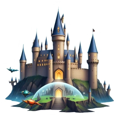 Icon for Fantasy and Sci-Fi Movies: A magical collage with flying dragons. futuristic spaceships and UFOs. Stars and planets shimmer in the background with a mystical castle Hogvards an ancient wizard and robots. The atmosphere is epic, otherworldly and adventurous. Transparent background. sticker