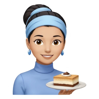  tan skin woman with long face, and short black hair slicked back ponytail with forehead showing, wearing a periwinkle colored headband and wearing pale blue turtleneck shirt, eating tiramisu smiling with hair pulled back sticker