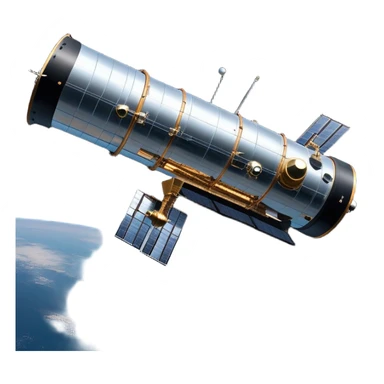 cinematic-realistic-hubble-space-telescope-emoji, an awe-inspiring, ultra-detailed depiction of the Hubble Space Telescope floating in space, its large, reflective metallic surface gleaming against the backdrop of the infinite blackness. The telescope's vast solar panels extend outwards, catching the light from distant stars, while its intricate, cylindrical body showcases advanced, precise engineering. The telescope's large, hexagonal lens is pointed towards the cosmos, surrounded by mechanical components, wires, and sensors. The detailed textures of the telescope’s metallic exterior, the shiny reflective coating, and the intricate grid-like solar panels are sharply contrasted against the void of space, with distant stars and nebulae faintly visible in the background, adding to the sense of scale and technological marvel; rendered with extreme realism and attention to detail. sticker