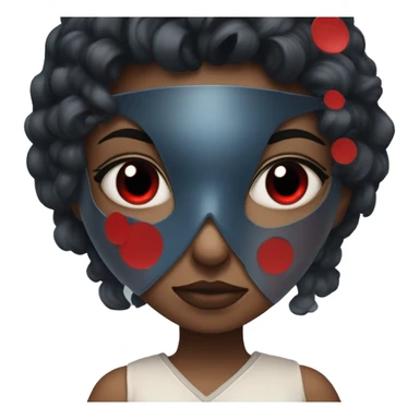 girl with dark black blueish hait having a red eye hero mask with a few big black dots on the mask sticker