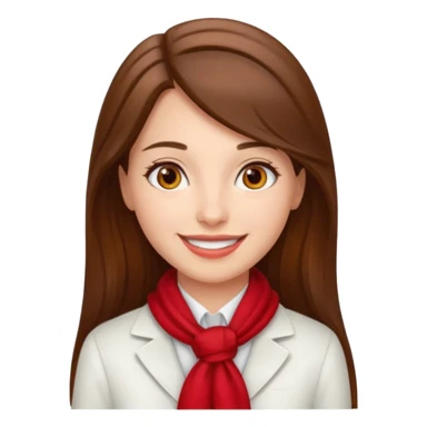Female flight attendant, with red scarf, white shirt, long brown hair, brown eyes, iOS emoji-type face, fair skin,  sticker