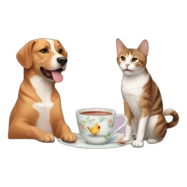 A cat a dog and a bird having tea sticker