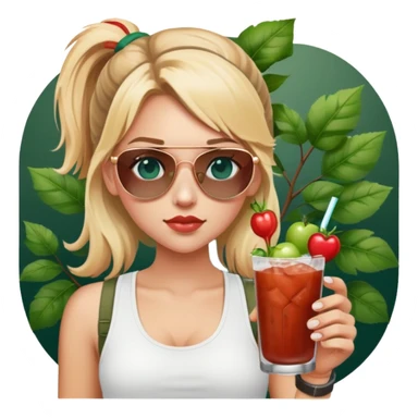 girl with blond pig tailed hair
with blue eyes
and aviator sunglasses
wearing white tank top 
holding bloody mary
wearing (rose gold apple watch with forest green band) sticker