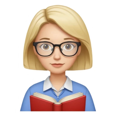 female English teacher with glasses and wearing a shirt, holding an English book sticker