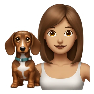 A woman with shoulder-length brown hair and bangs has a rough-coated dachshund on a leash. sticker
