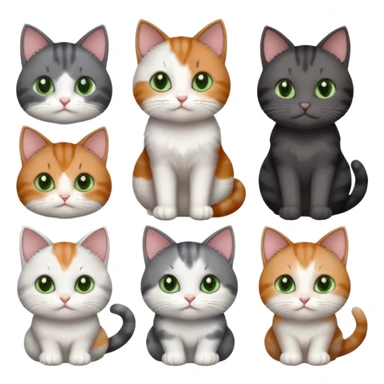 6 different coloured small cats including a dark grey and white, and a patchy calico, and a brown tabby and white,  and a completely solid dark grey with green eyes and only white paws sticker