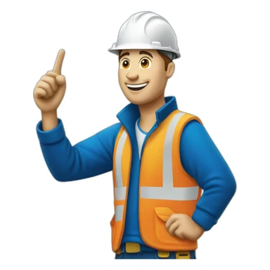 construction worker pointing left upwards in blue jacket and with logo cortusa group sticker