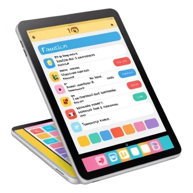 Create an emoji representing fanfiction writing. The design should feature a digital device tablet with visible text, symbolizing the creative process of writing fanfiction. Add a subtle reference to popular fictional characters or universes to indicate the fan aspect. Use a playful, imaginative color palette, blending vibrant tones with soft neutrals. Do not include any emojis or smiley faces. Make the background transparent. sticker