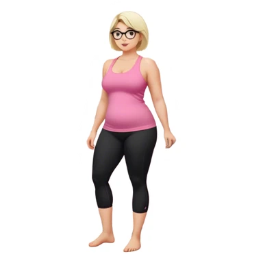 Full body view from the side, fair skinned woman, curvy, short blond hair, small reading glasses, cooking dinner in kitchen, pink loose tank top, showing natural B cup breast shape SFW, black yoga pants, large curvy booty sticker