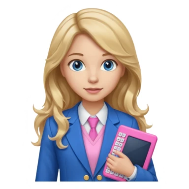 pretty female with long wavy brown hair with blonde highlights and blue eyes holding a pink calculator wearing school uniform which is a blue blazer and white blouse sticker