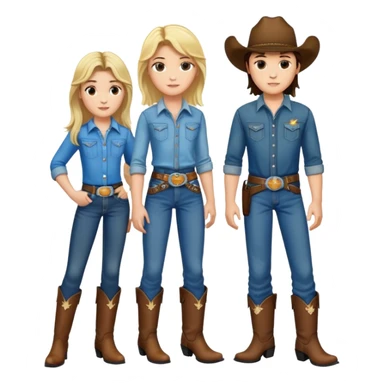 Brunette girl wearing cowboy boots with a belt buckle and jeans brown eyes and  tall  with a Blonde boy with a mullet and wearing boots 

 sticker
